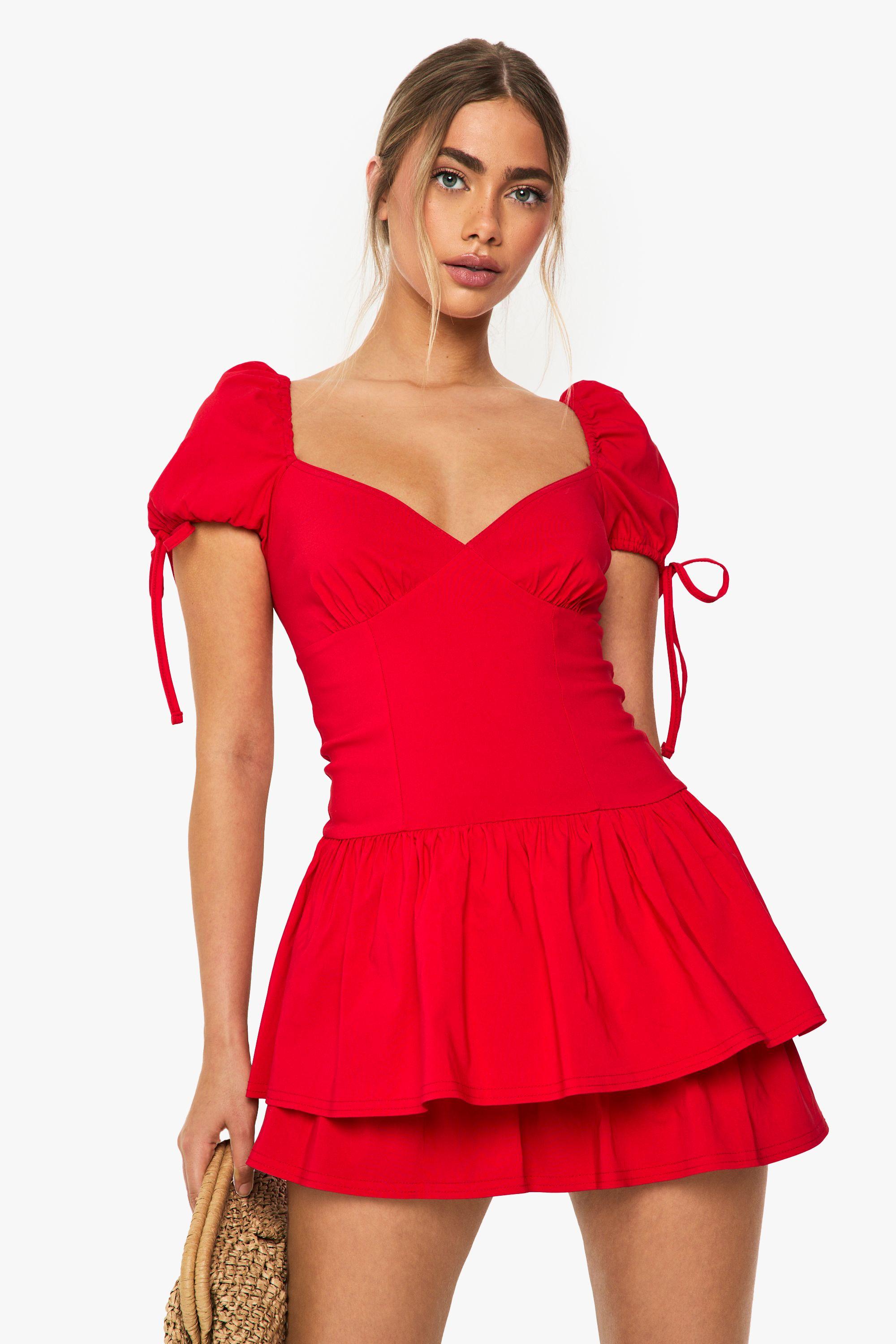 Frill Puff Sleeve Milkmaid Mini Dress by BOOHOO