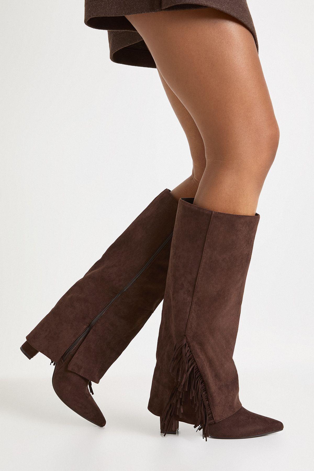 Fringe Detail Fold Down Block Heel Boots by BOOHOO
