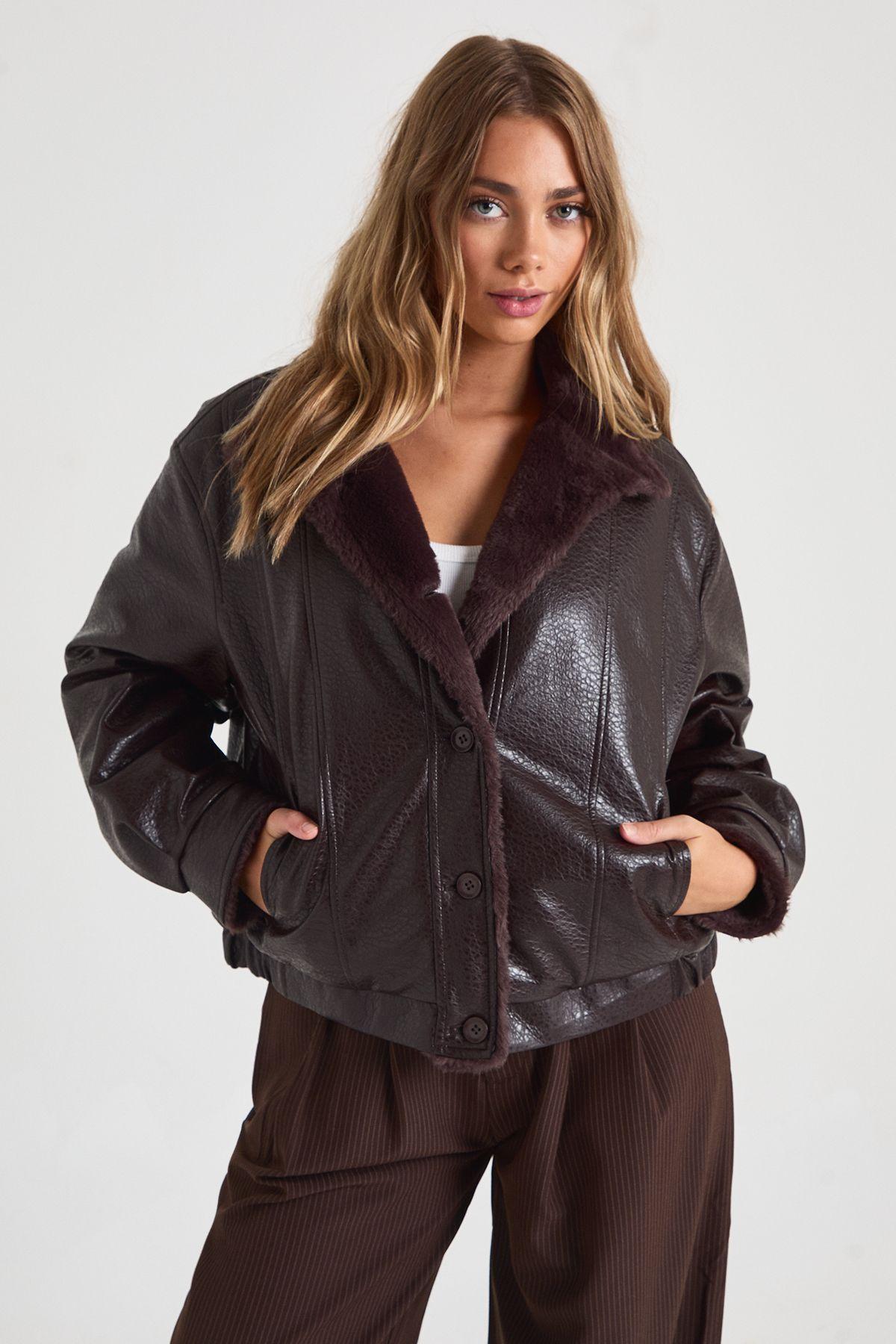 Funnel Neck Borg Lined Aviator by BOOHOO