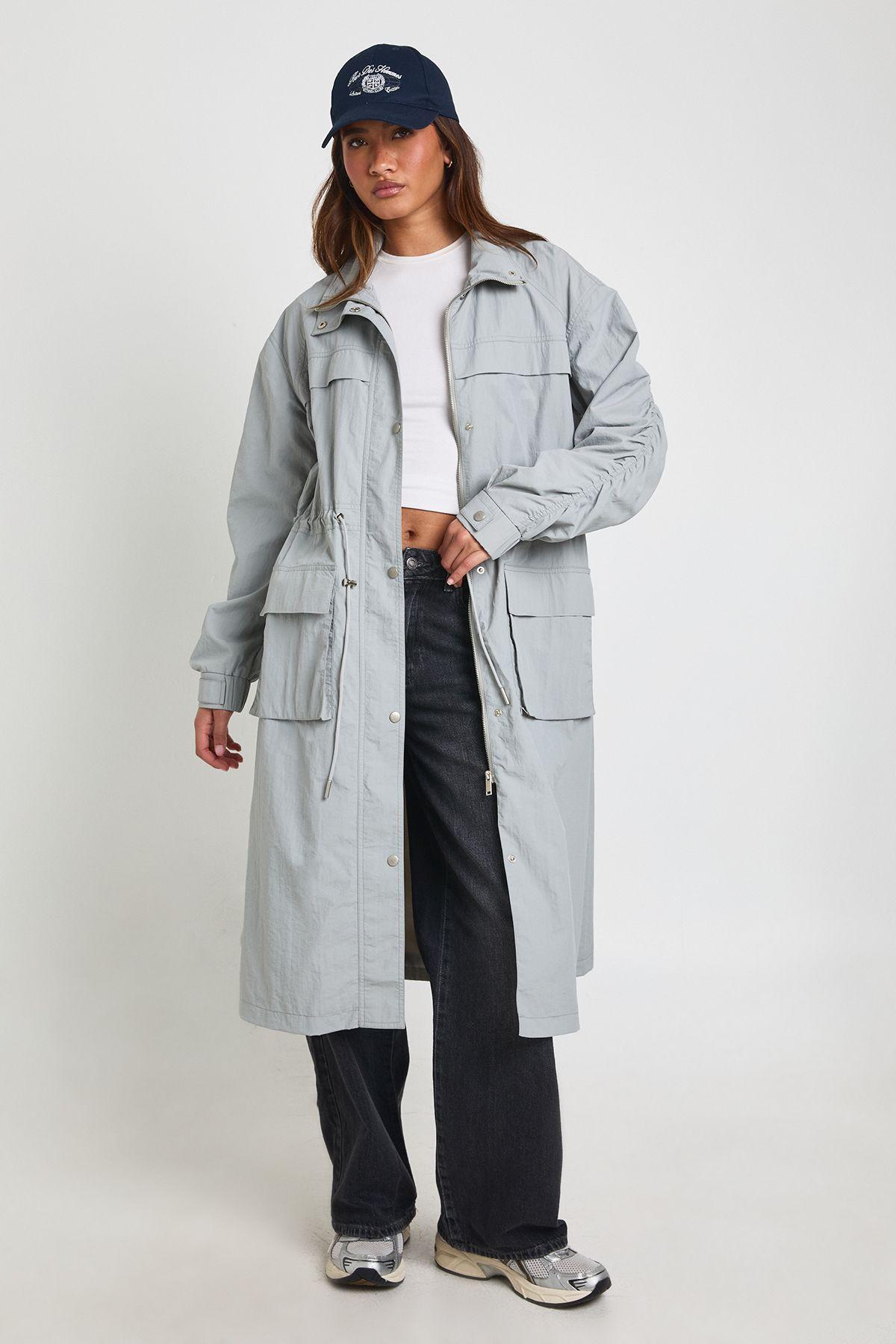 Funnel Neck Cinched Waist Lightweight Trench Jacket by BOOHOO