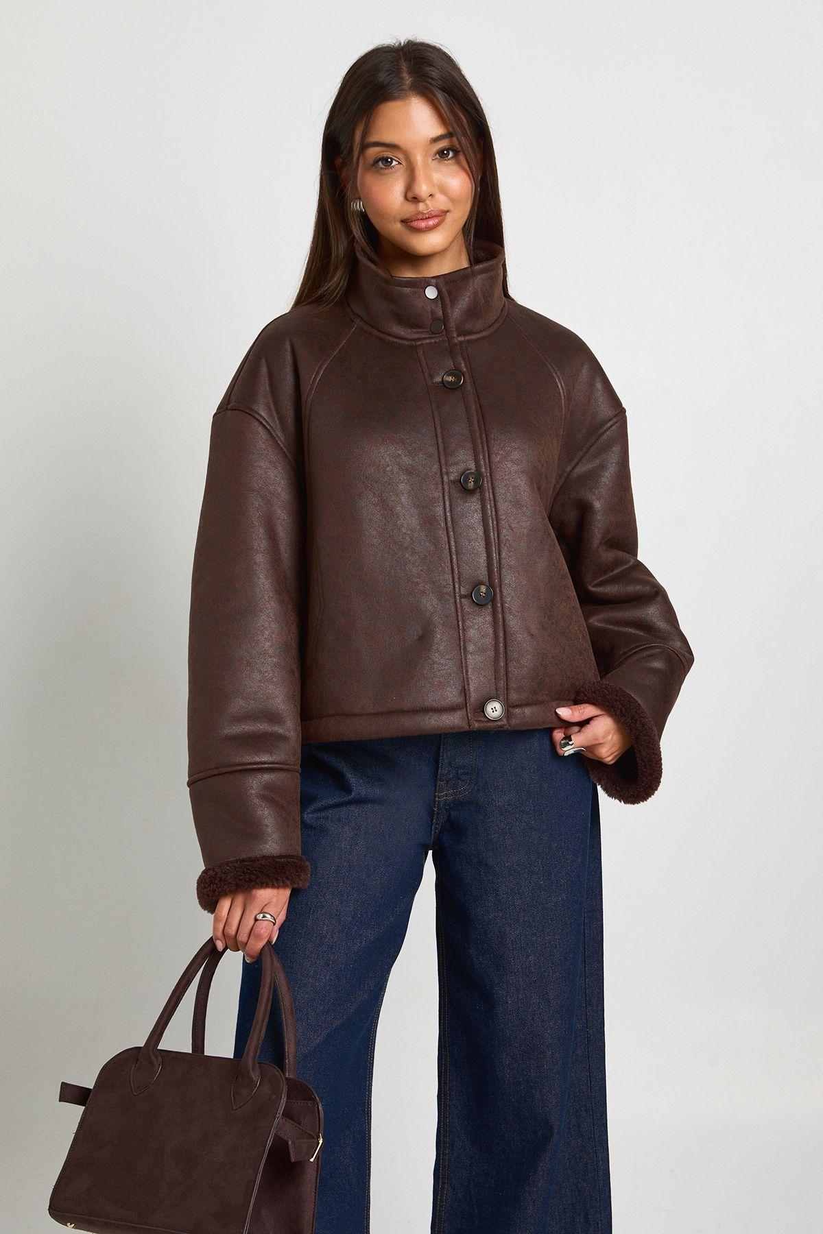 Funnel Neck Faux Fur Lined Aviator by BOOHOO Funnel Neck Faux Fur Lined Aviator by BOOHOO