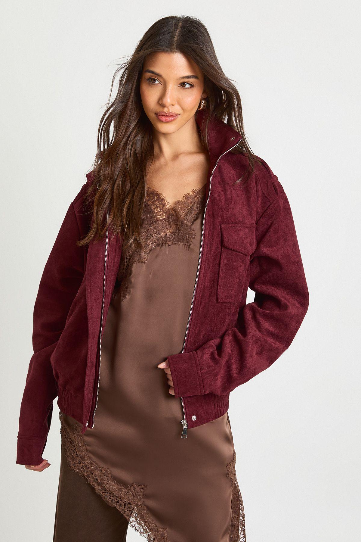 Funnel Neck Faux Suede Pocket Detail Jacket by BOOHOO