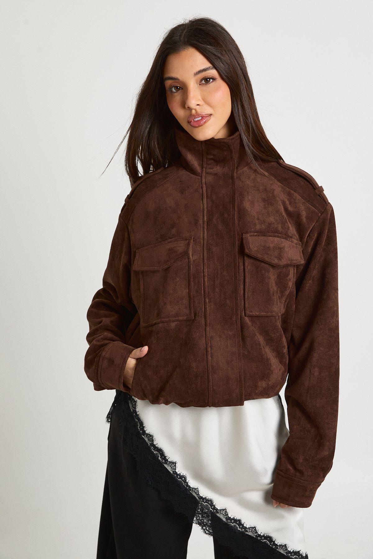 Funnel Neck Faux Suede Pocket Detail Jacket by BOOHOO