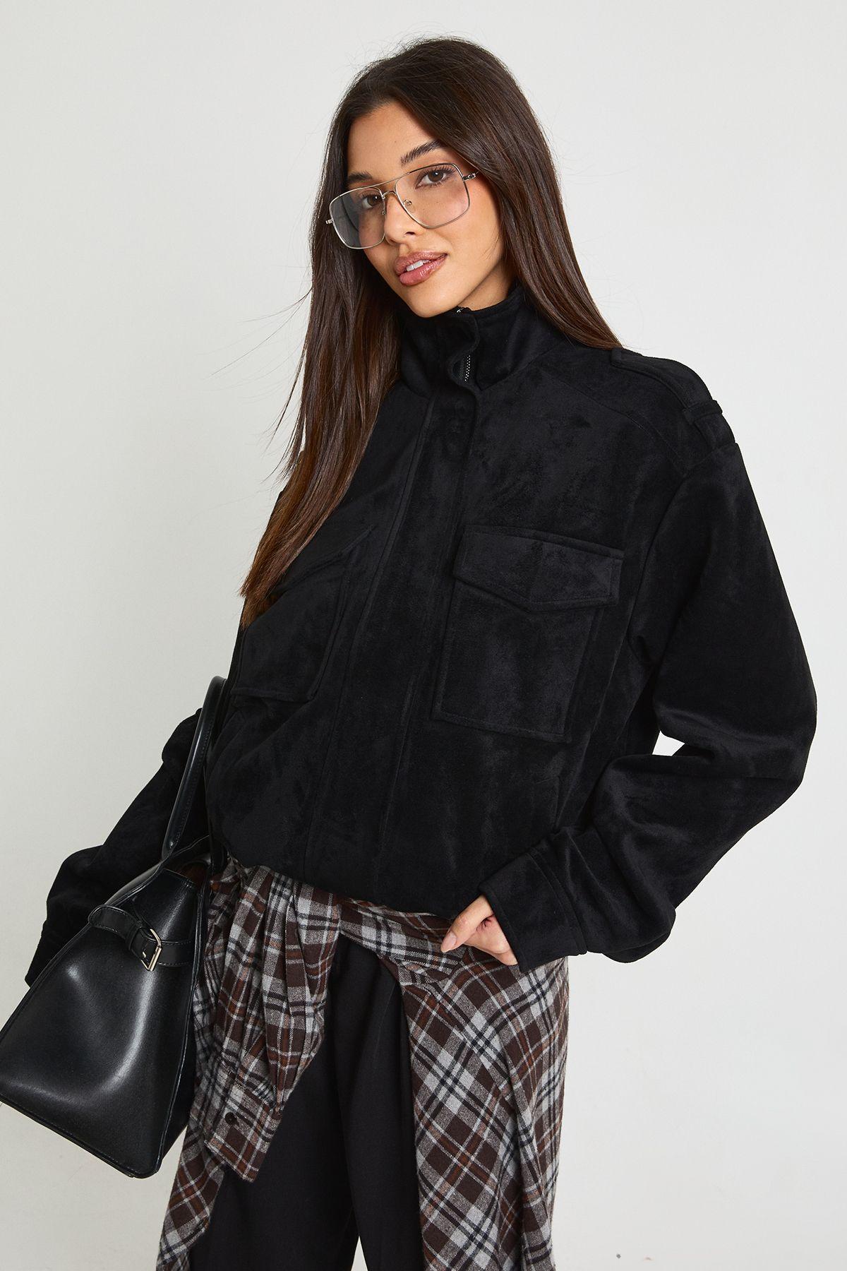 Funnel Neck Faux Suede Pocket Detail Jacket by BOOHOO