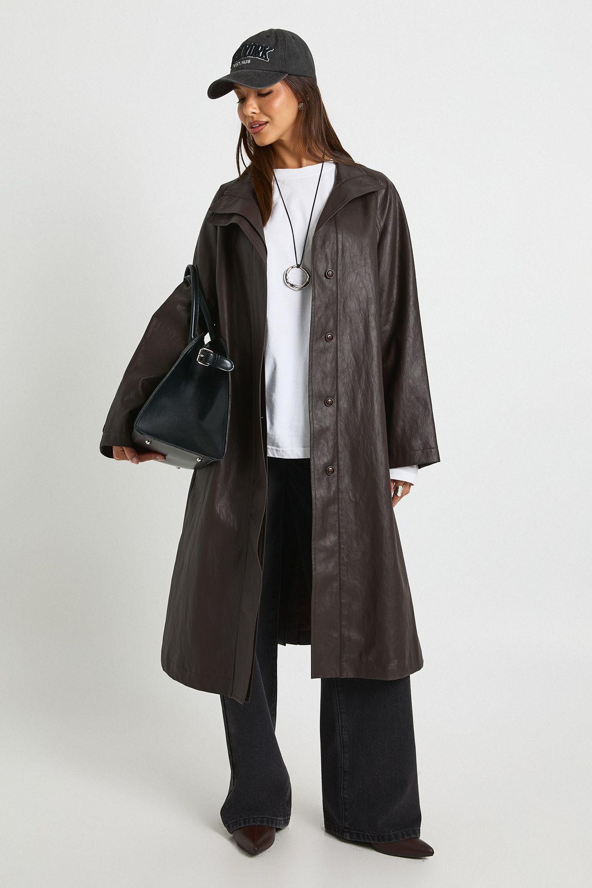 Funnel Neck Longline Faux Leather Trench by BOOHOO