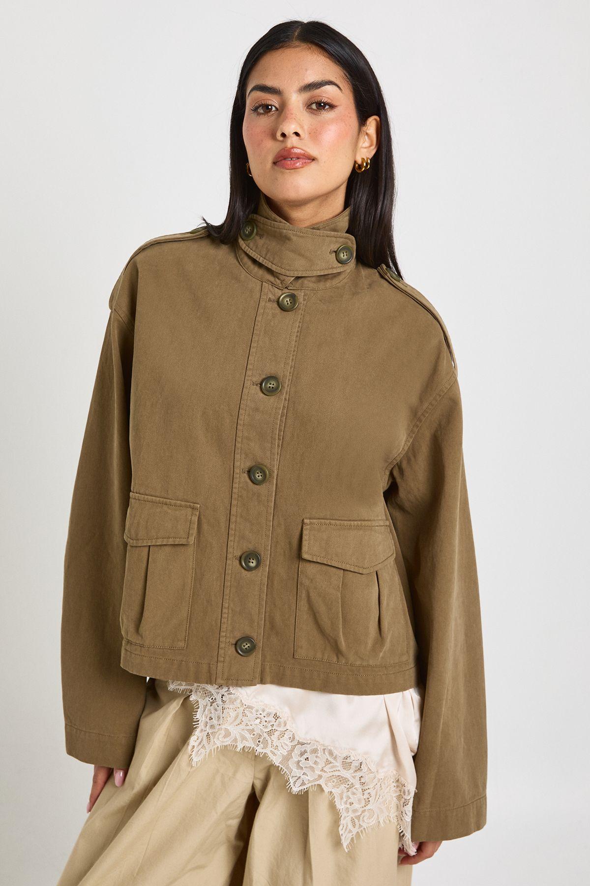 Funnel Neck Twill Utility Shacket by BOOHOO
