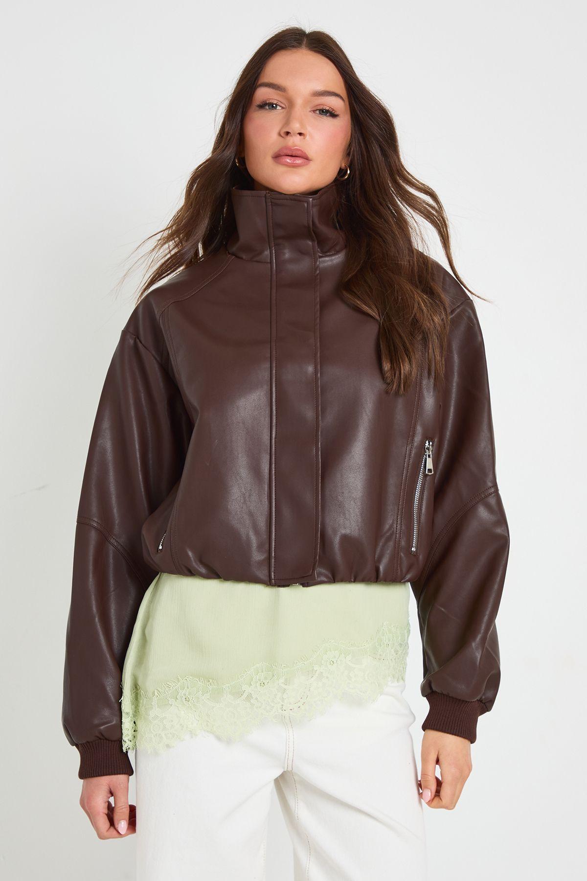 Funnel Neck Zip Pockets Faux leather Jacket by BOOHOO