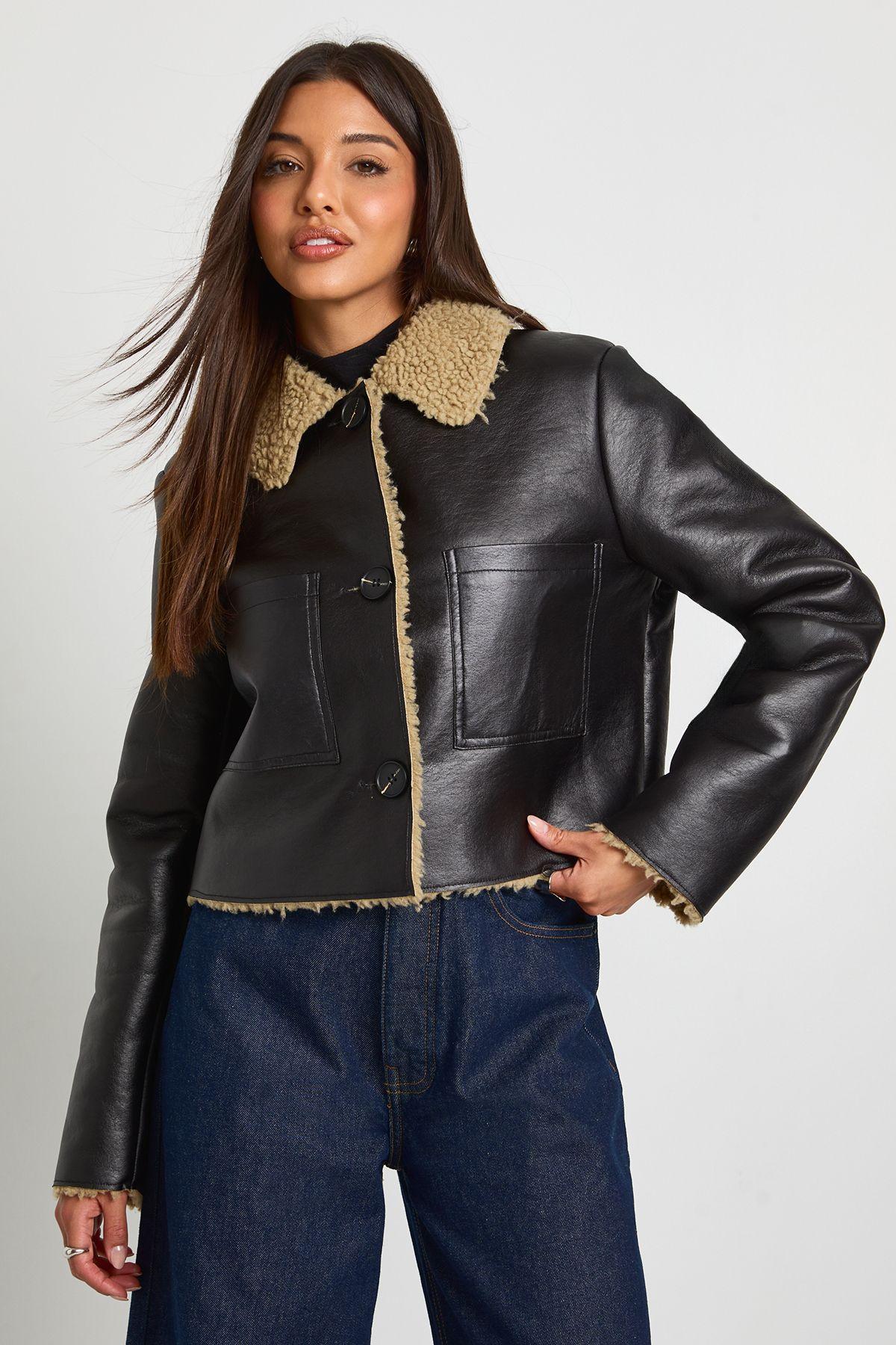 Fur Collared PU aviator by BOOHOO