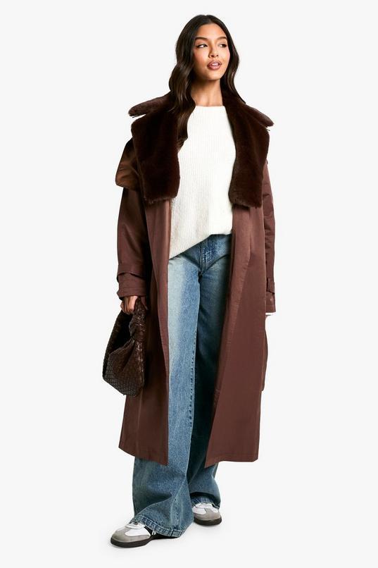 Fur Trim Trench Coat by BOOHOO