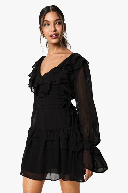 Gathered Waist Ruffle Detail Skater Dress by BOOHOO