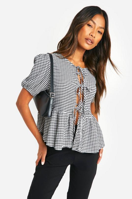 Gingham Tie Front Puff Sleeve Smock Top by BOOHOO