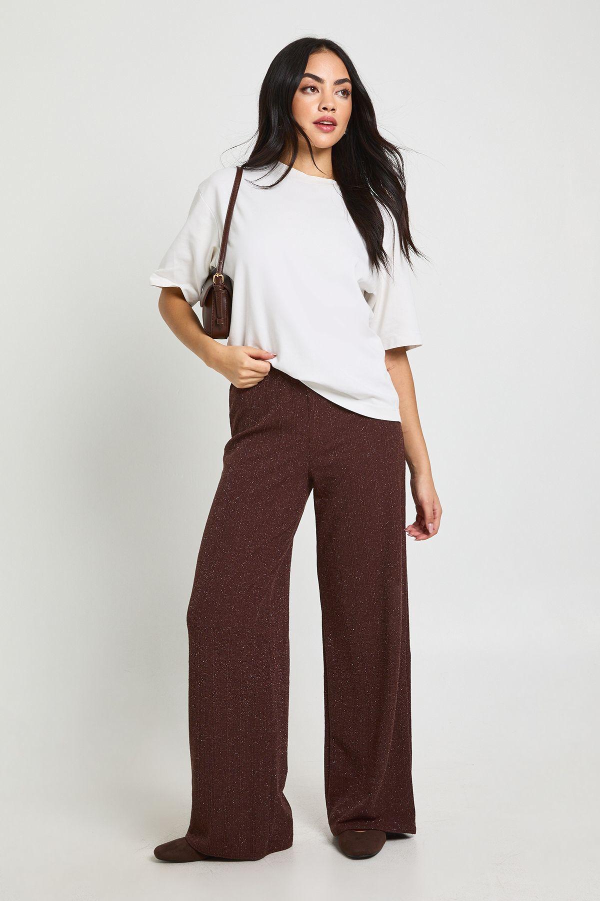 Glitter Rib Wide Leg Trouser by BOOHOO