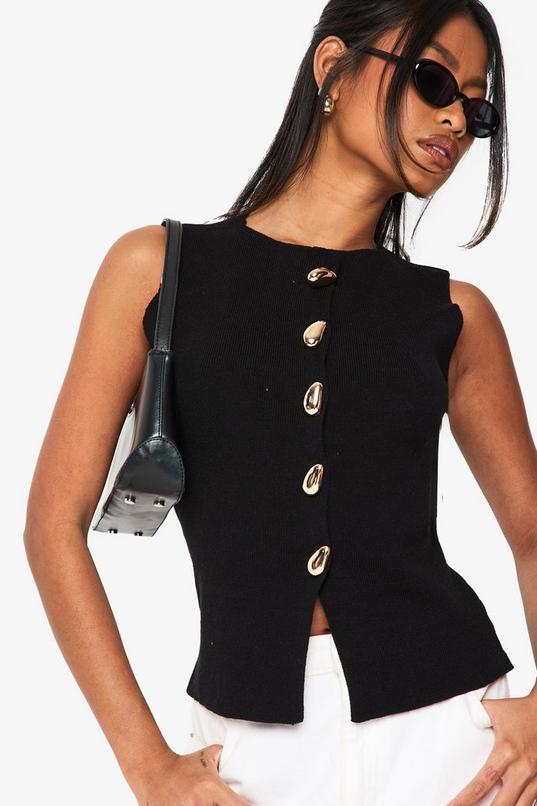 Gold Button Detail Longline Knitted Waistcoat by BOOHOO
