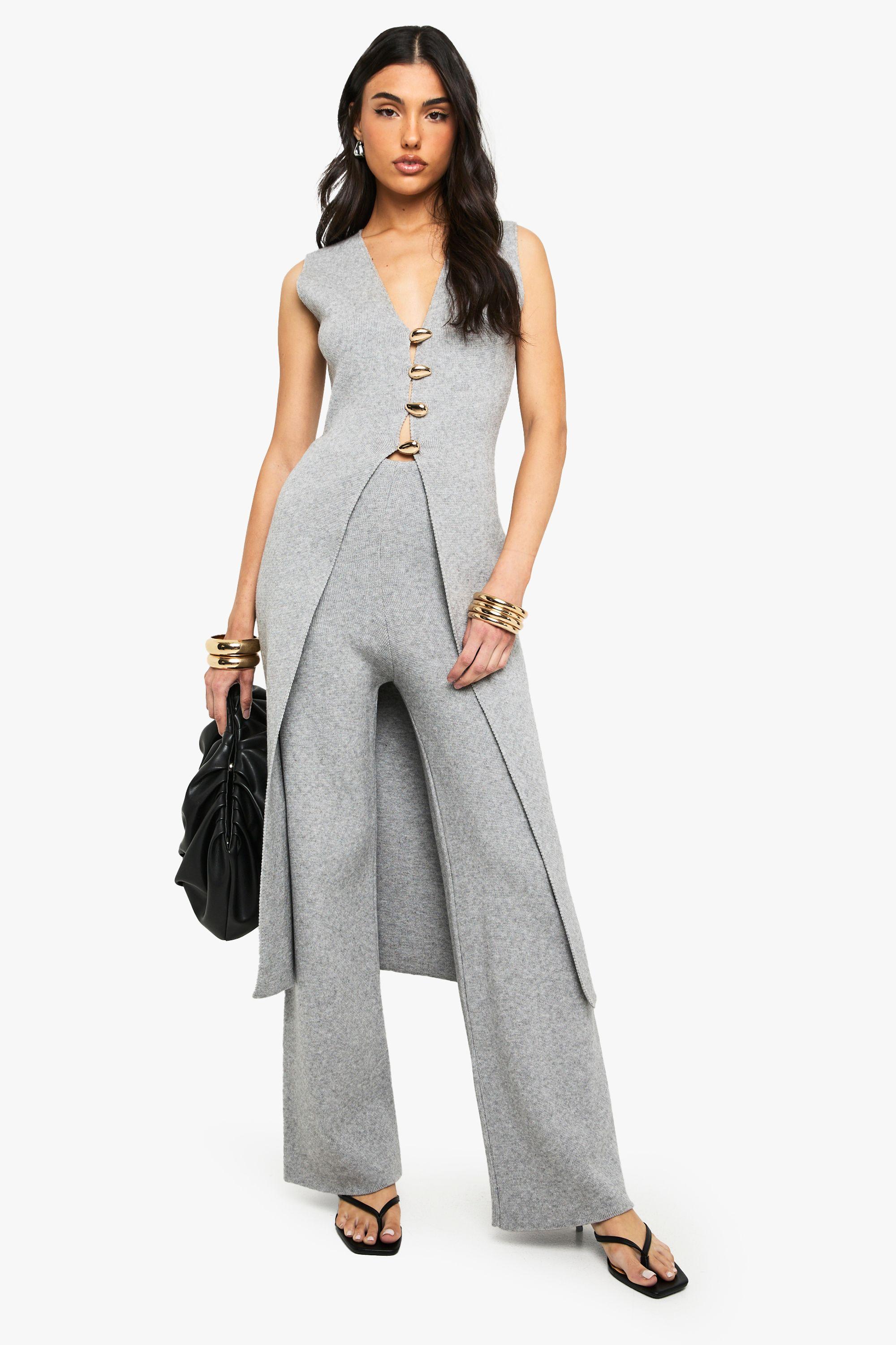 Gold Button Detail Longline Knitted Waistcoat and Wide Leg Trouser Co-Ord by BOOHOO