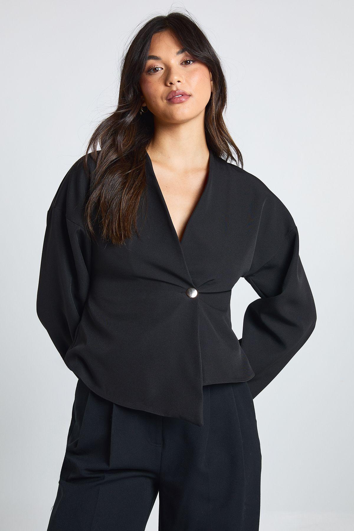 Gold Button Long Sleeve Wrap Top by BOOHOO