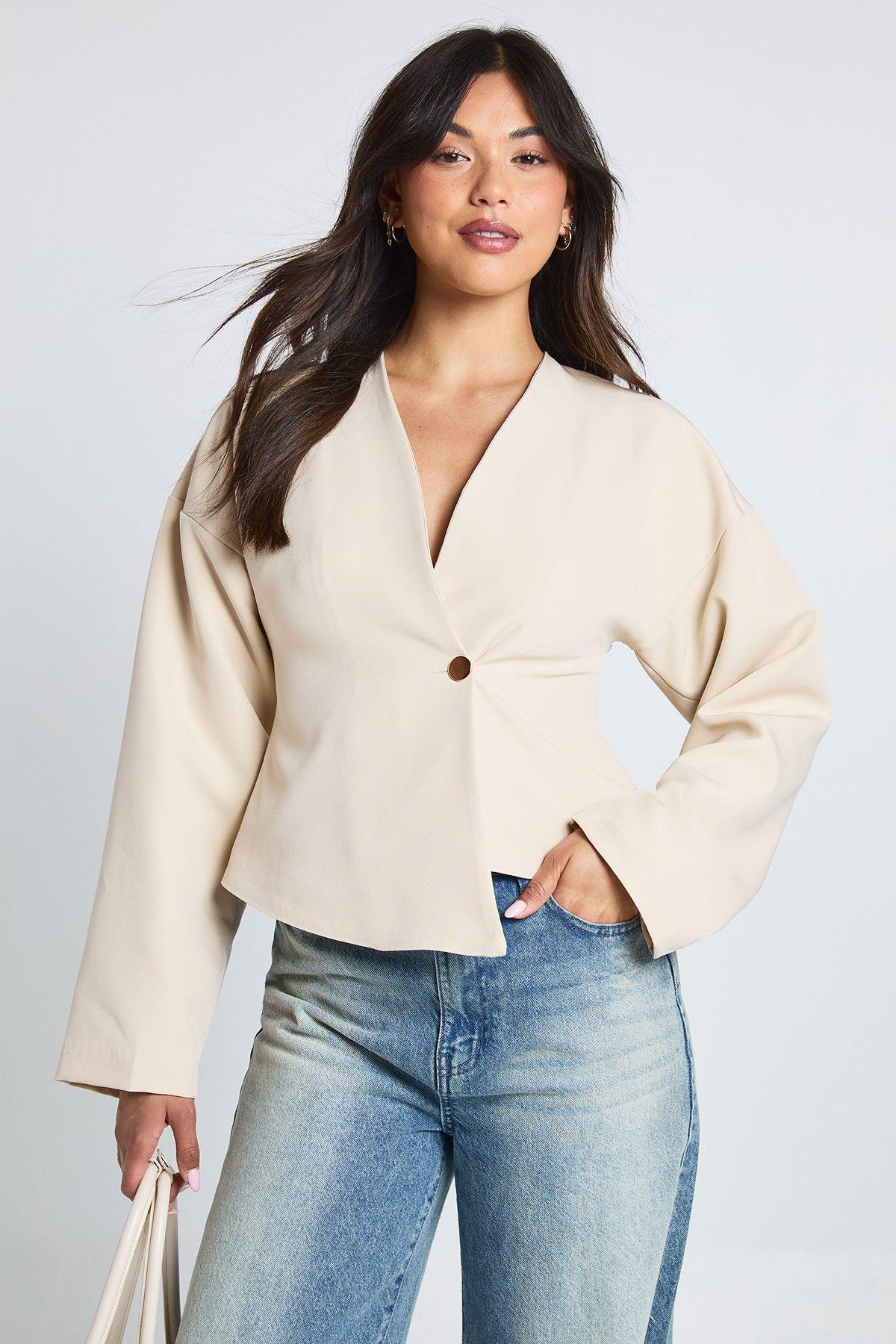 Gold Button Long Sleeve Wrap Top by BOOHOO