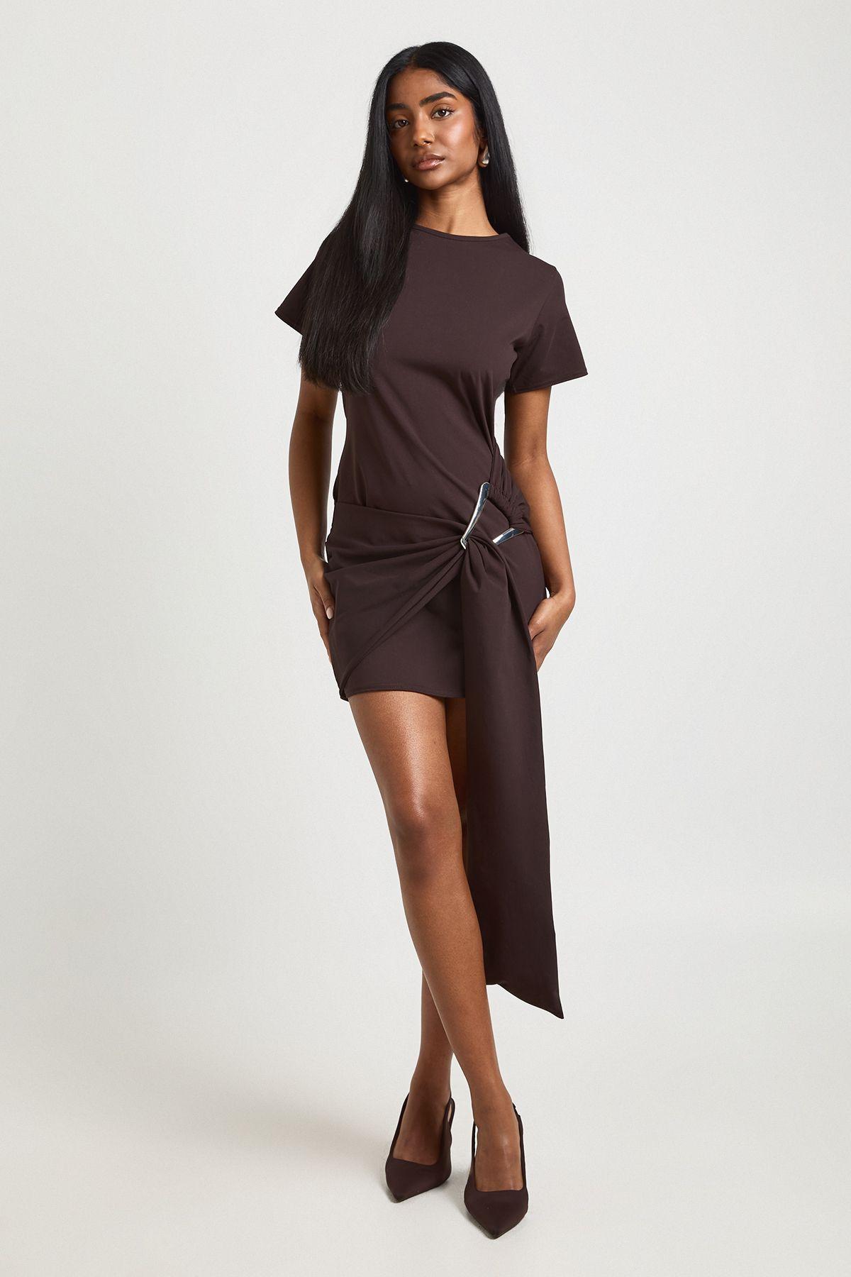 Gold Trim Belted Cap Sleeve Dress by BOOHOO