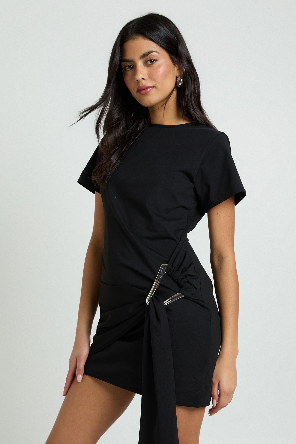 Gold Trim Belted Cap Sleeve Dress by BOOHOO