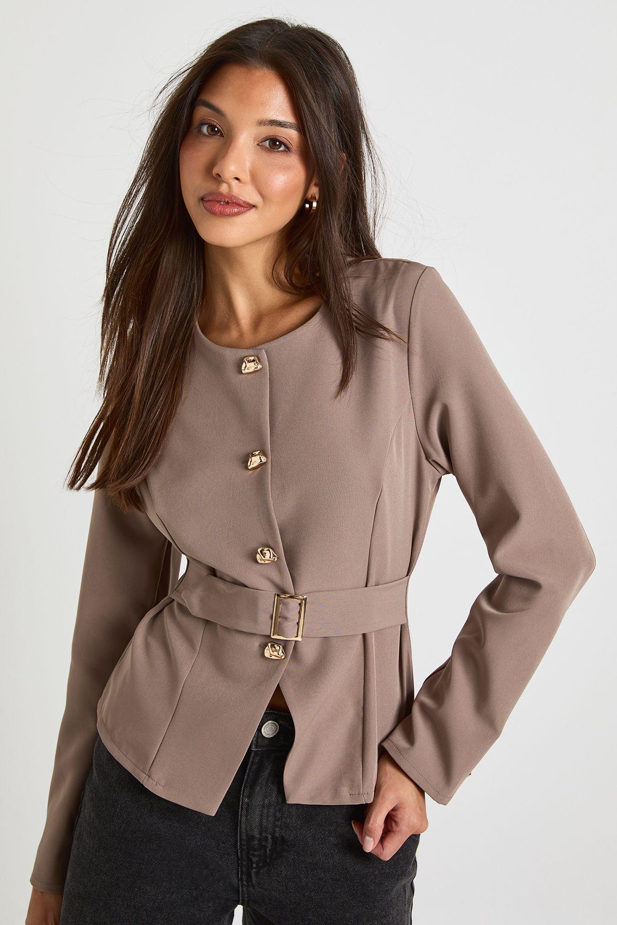 Gold Trim Collarless Blazer by BOOHOO
