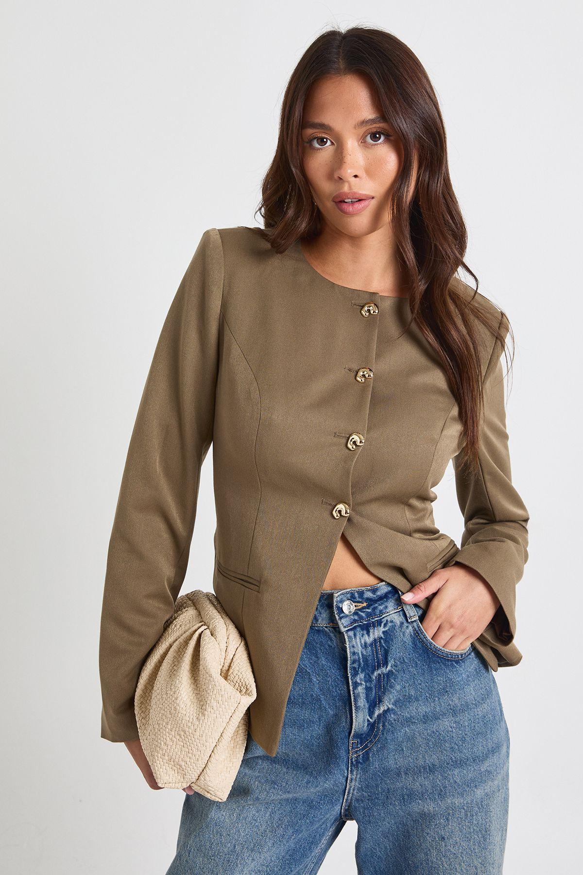 Gold Trim Collarless Tailored Blazer by BOOHOO