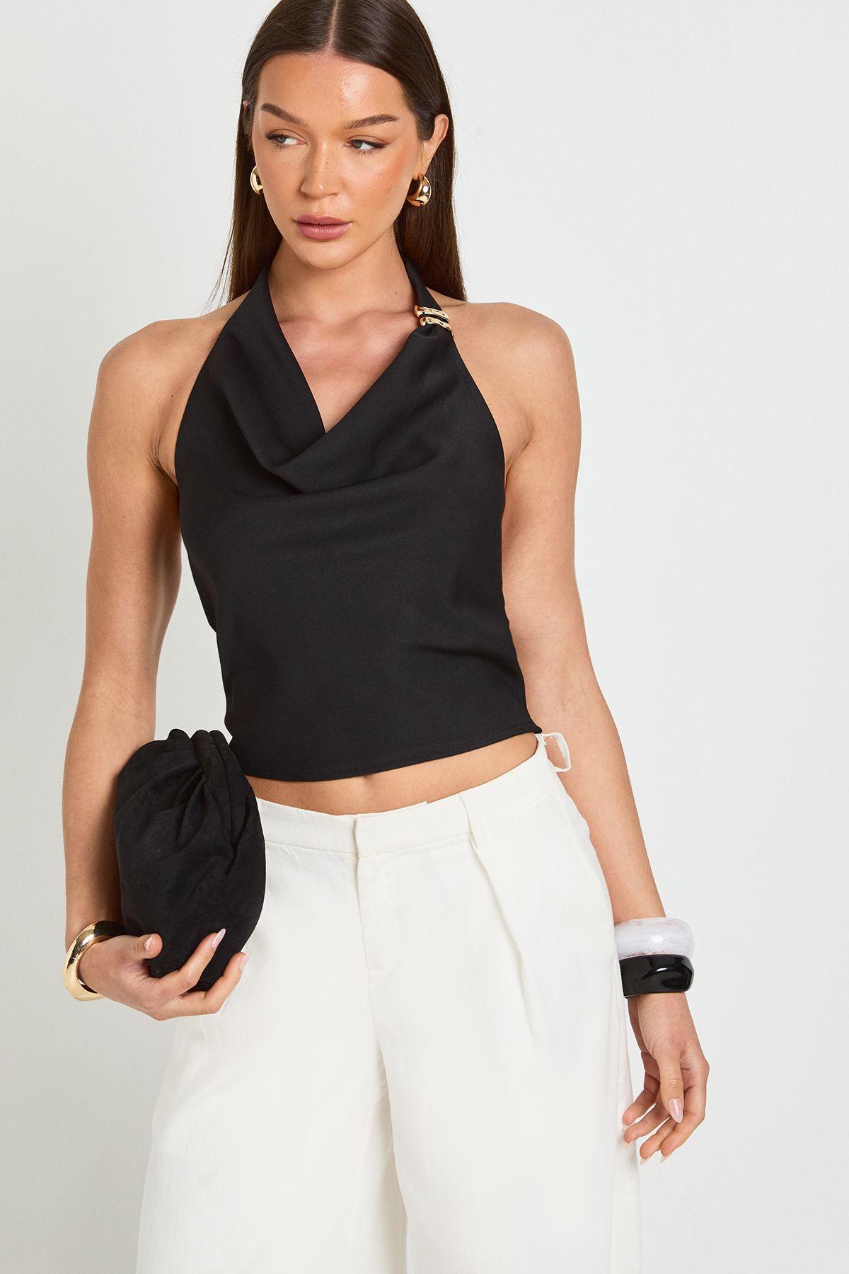 Gold Trim Crepe Cowl Neck Top by BOOHOO Gold Trim Crepe Cowl Neck Top by BOOHOO