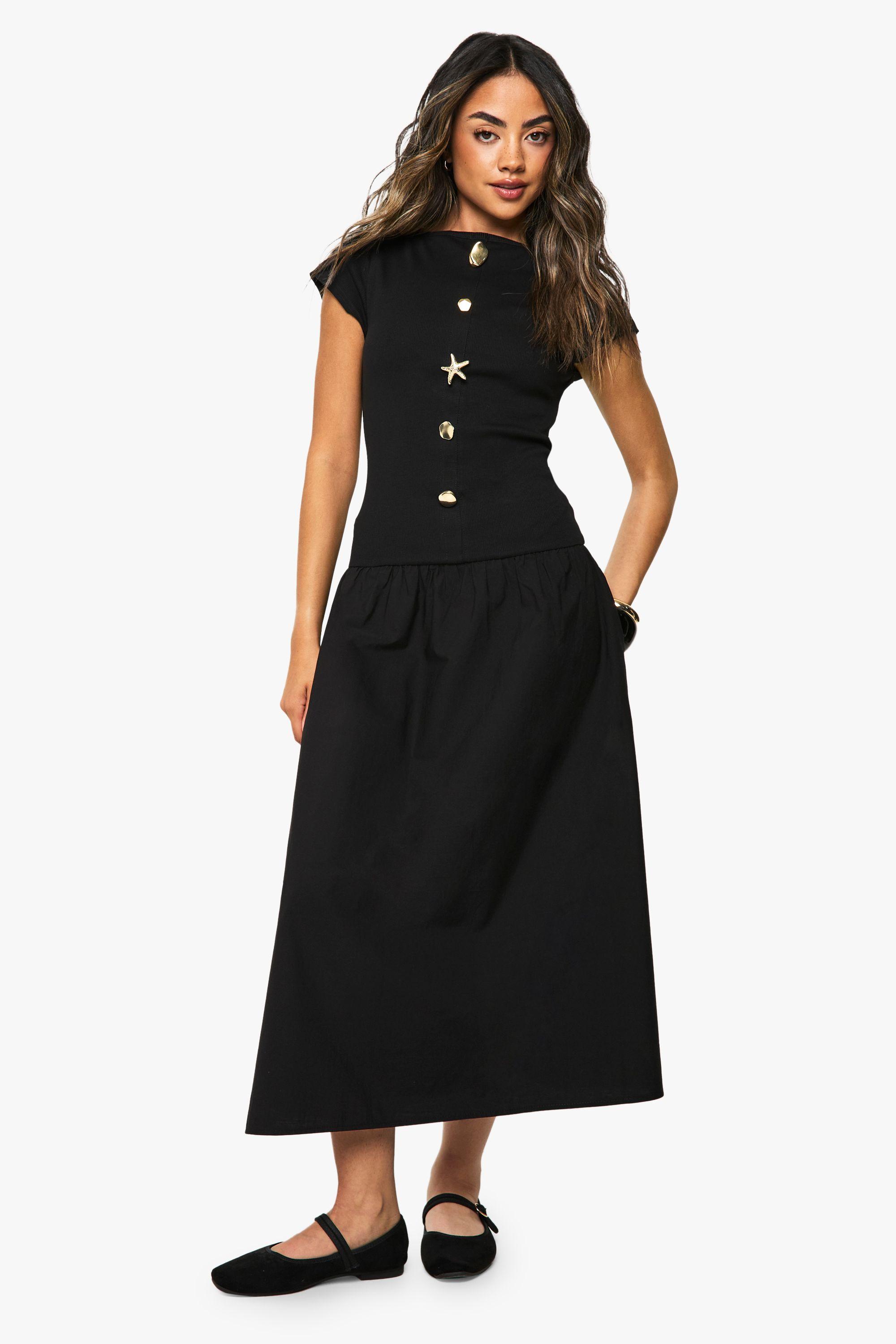 Gold Trim Rib Poplin Mix Midaxi Dress by BOOHOO