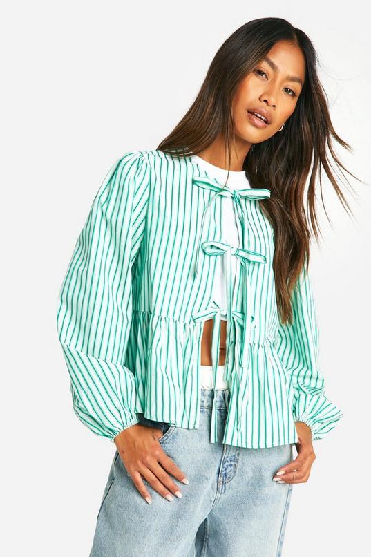 Green Stripe Tie Front Puff Long Sleeve Smock Top by BOOHOO