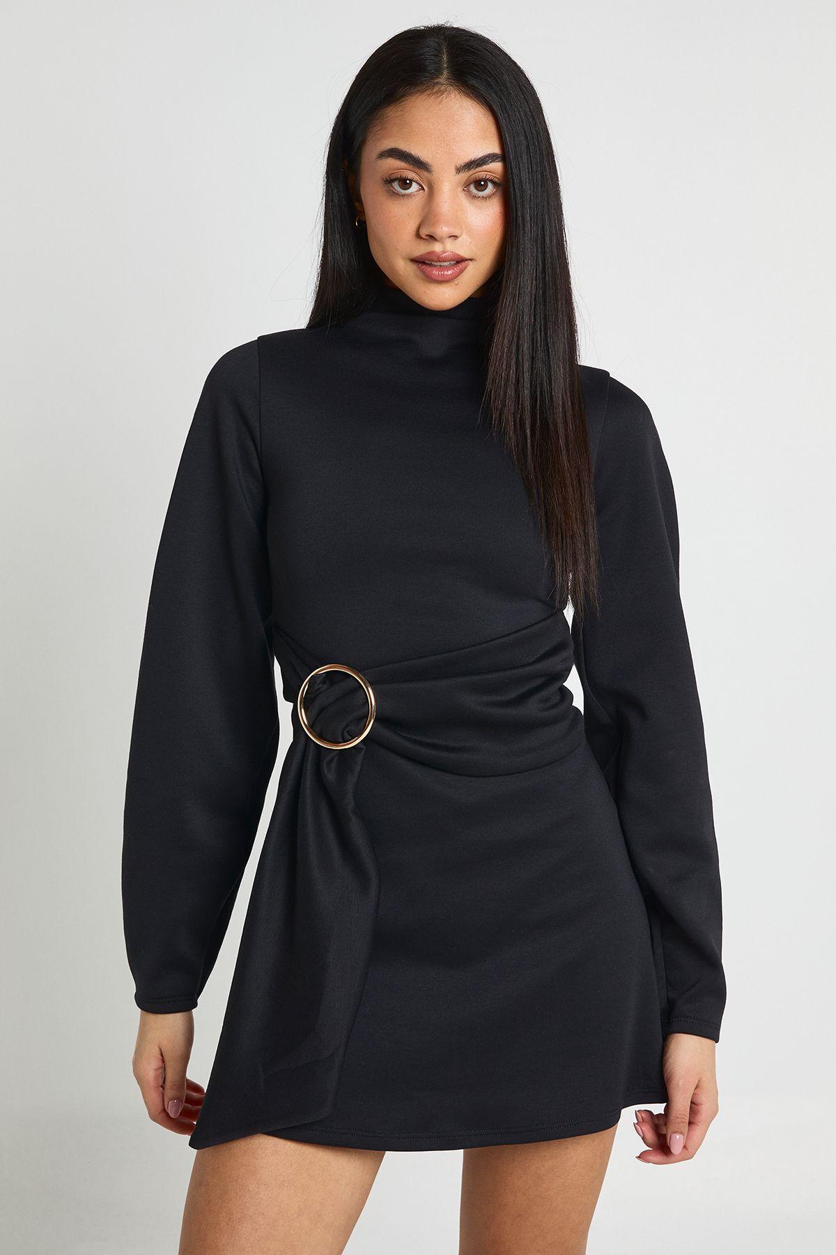 Grown On Neck Belted Shift Dress by BOOHOO