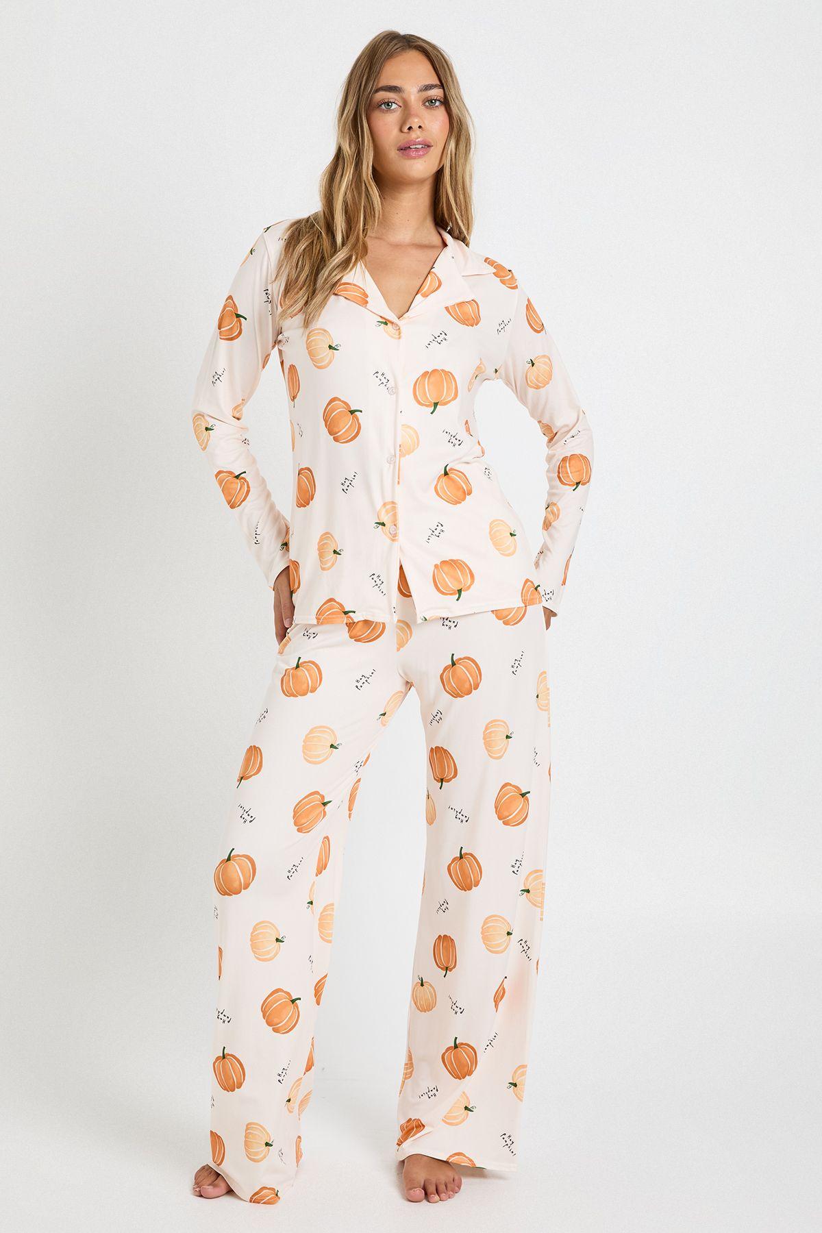Halloween Pumpkin Print Long Sleeve Shirt & Trousers Pyjama Set by BOOHOO Halloween Pumpkin Print Long Sleeve Shirt & Trousers Pyjama Set by BOOHOO