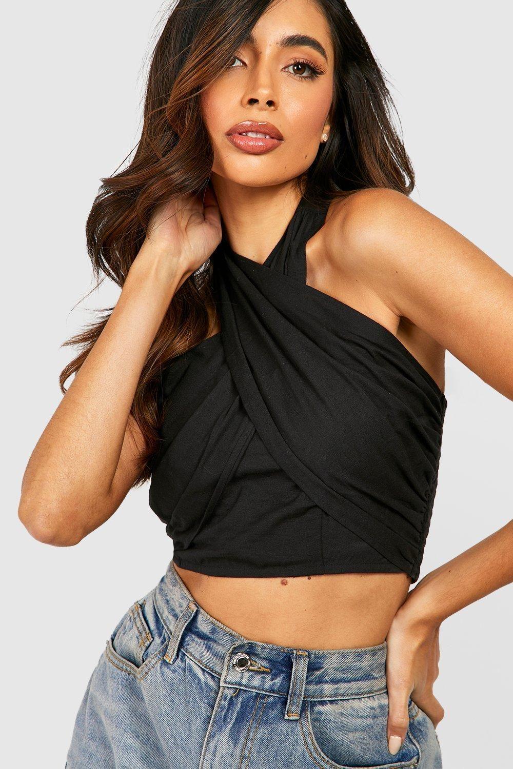Halter Cross Tie Back Linen Look Crop by BOOHOO