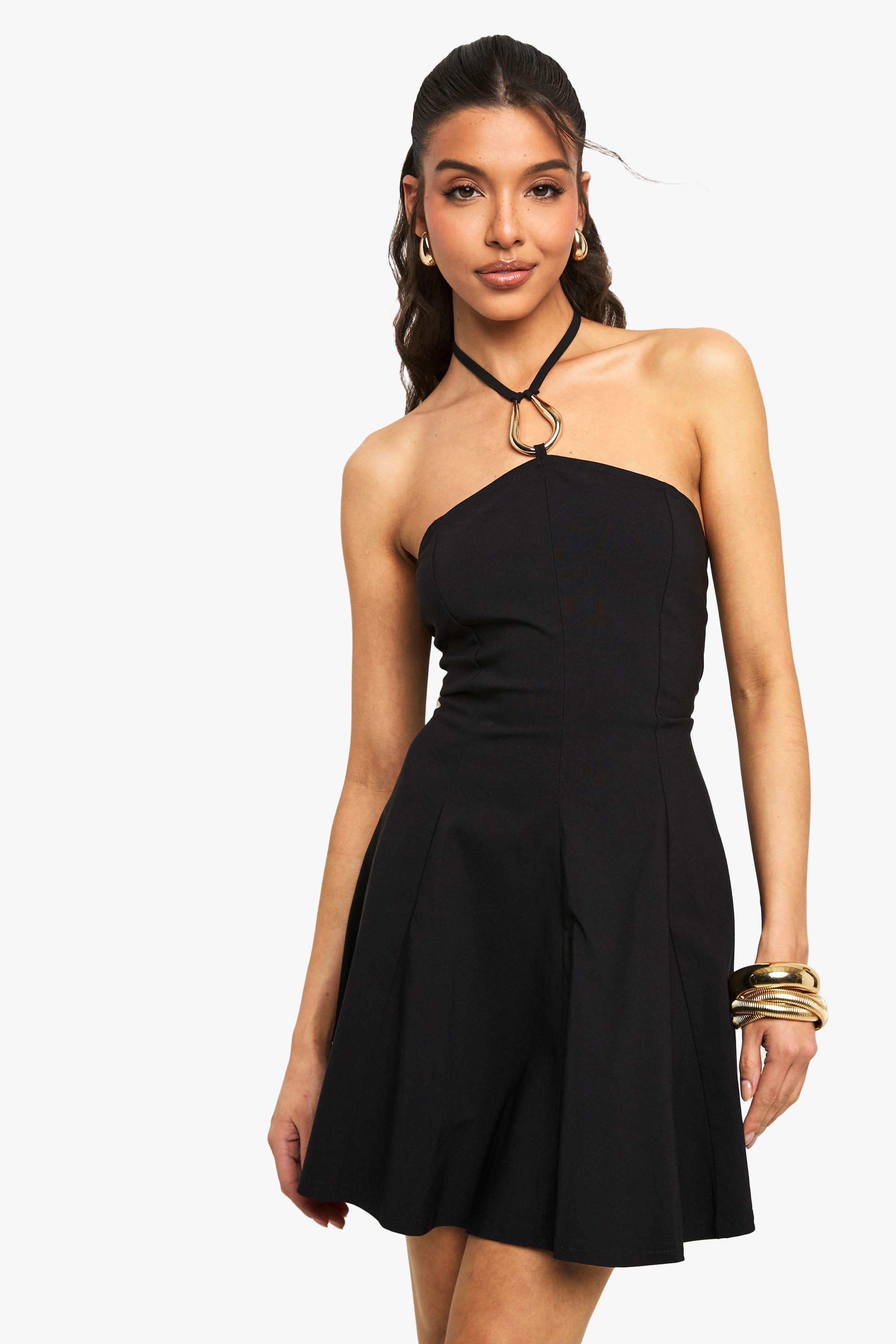 Halter Neck Trim Detail Volume Skater Dress by BOOHOO