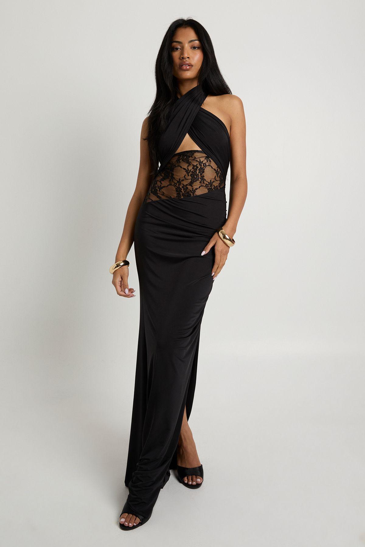 Halter neck Lace Insert Maxi Dress by BOOHOO