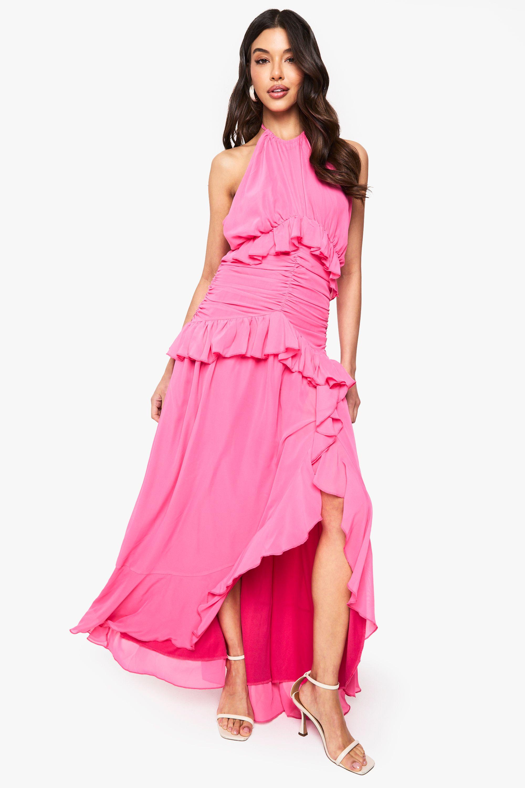 Halterneck Chiffon Ruffle Detail Maxi Dress by BOOHOO