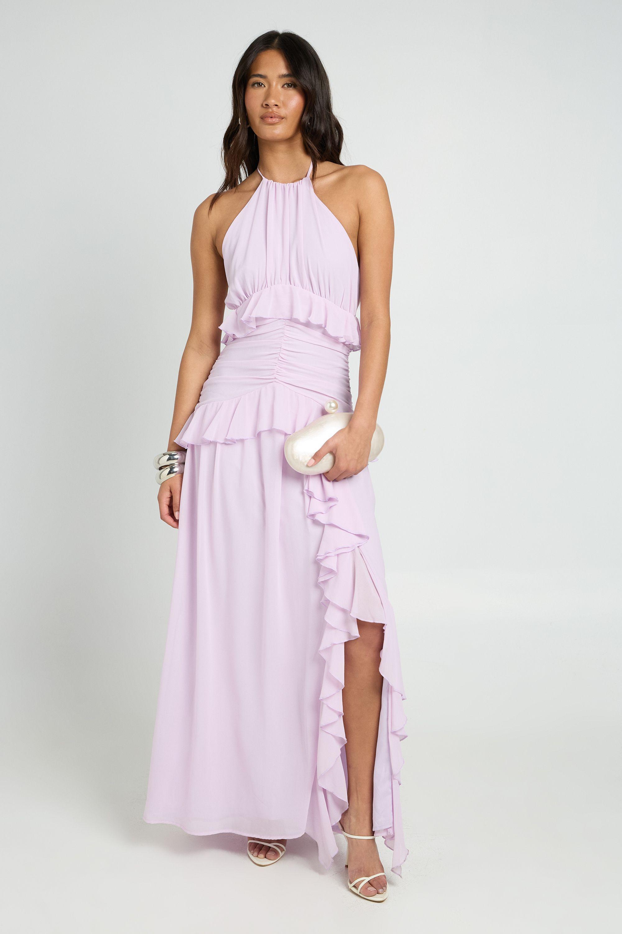 Halterneck Chiffon Ruffle Detail Maxi Dress by BOOHOO