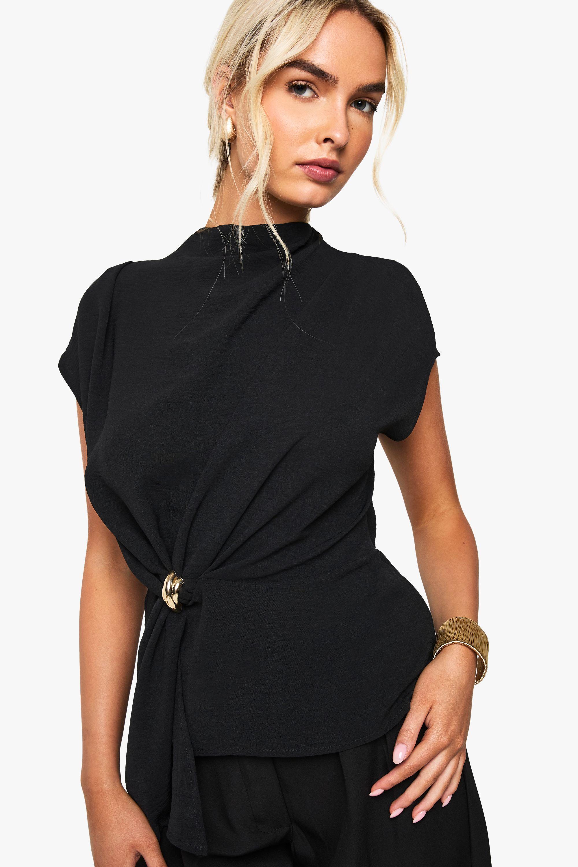 Hammered Gold Trim Cowl Neck Blouse by BOOHOO