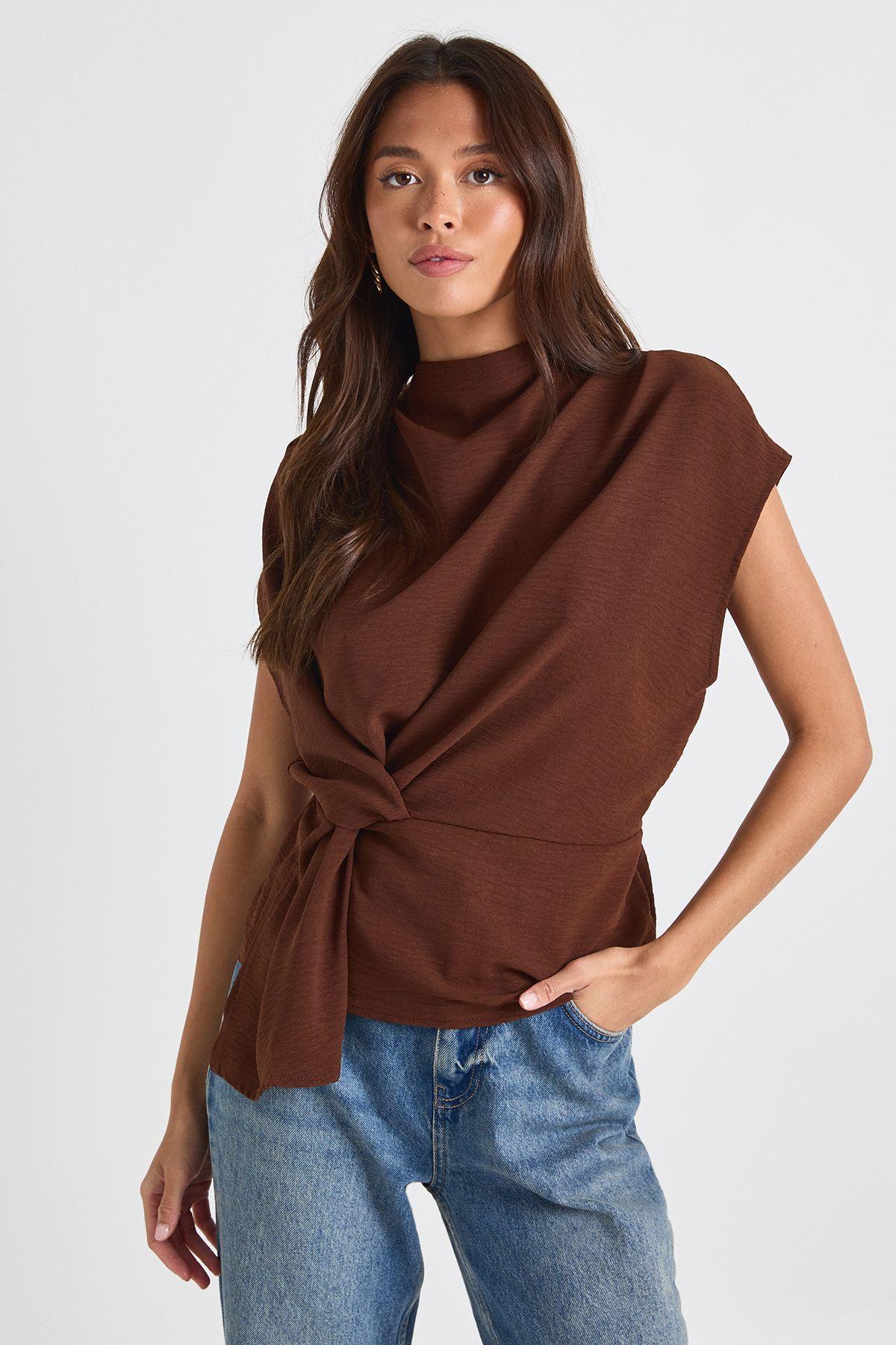 Hammered Knot Front Cowl Neck Blouse by BOOHOO