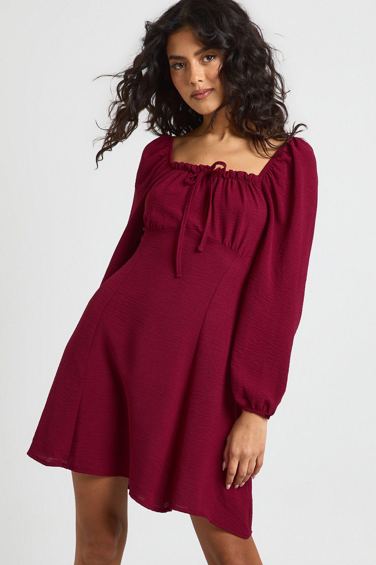 Hammered Volume Sleeve Milkmaid Mini Dress by BOOHOO