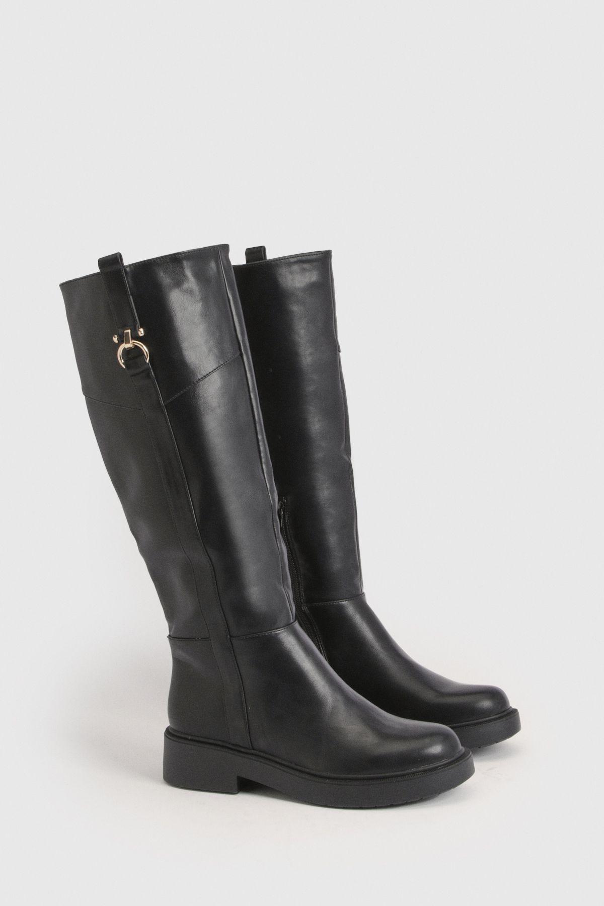 Hardware Buckle Detail Knee High Boots by BOOHOO