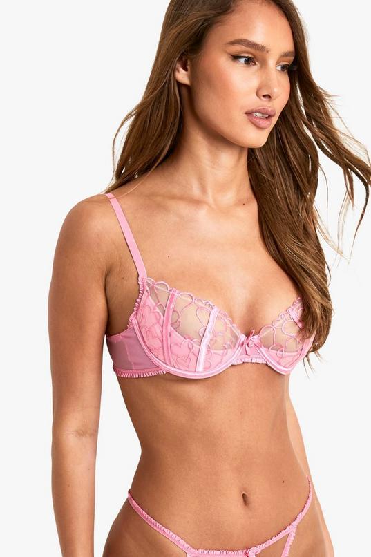 Heart Embroidered Quarter Cup Balconette Bra by BOOHOO