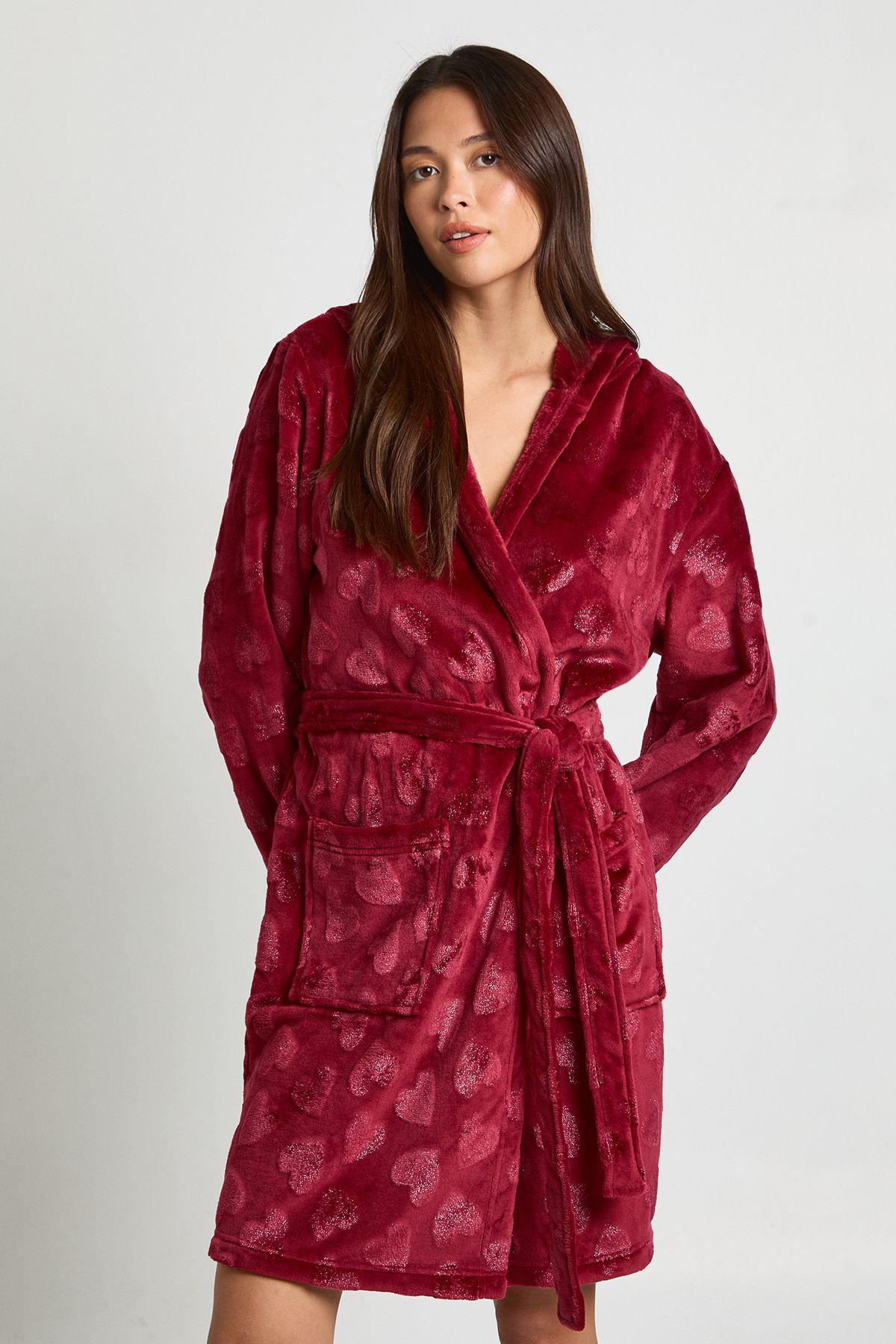 Heart Print Embossed Fleece Hooded Short Dressing Gown by BOOHOO Heart Print Embossed Fleece Hooded Short Dressing Gown by BOOHOO