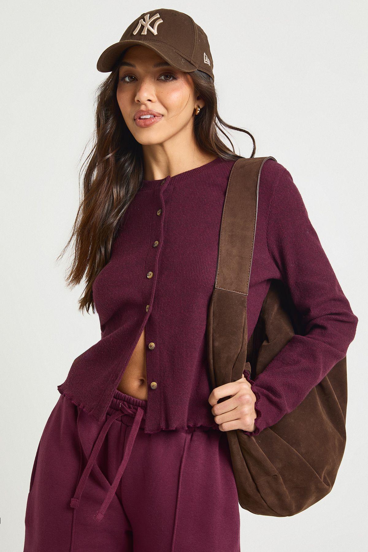 Heavy Brush Rib Lettuce Hem Button Through Top by BOOHOO