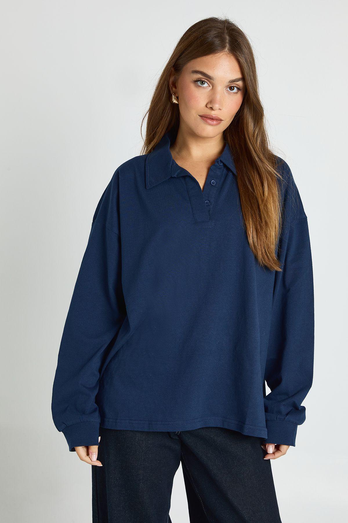 Heavy Cotton Button Detail Collared Rugby Top by BOOHOO Heavy Cotton Button Detail Collared Rugby Top by BOOHOO