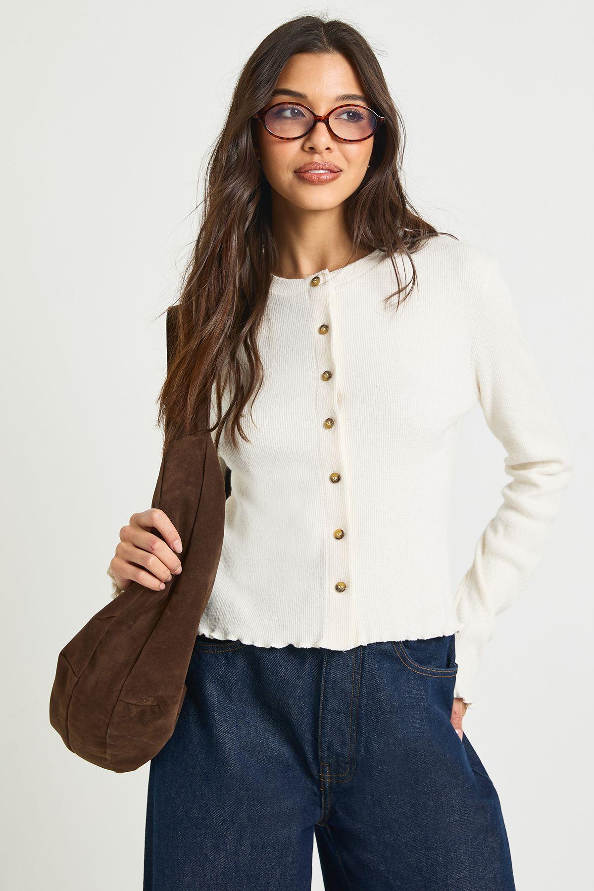 Heavy brush Rib Lettuce Hem Button Through Top by BOOHOO