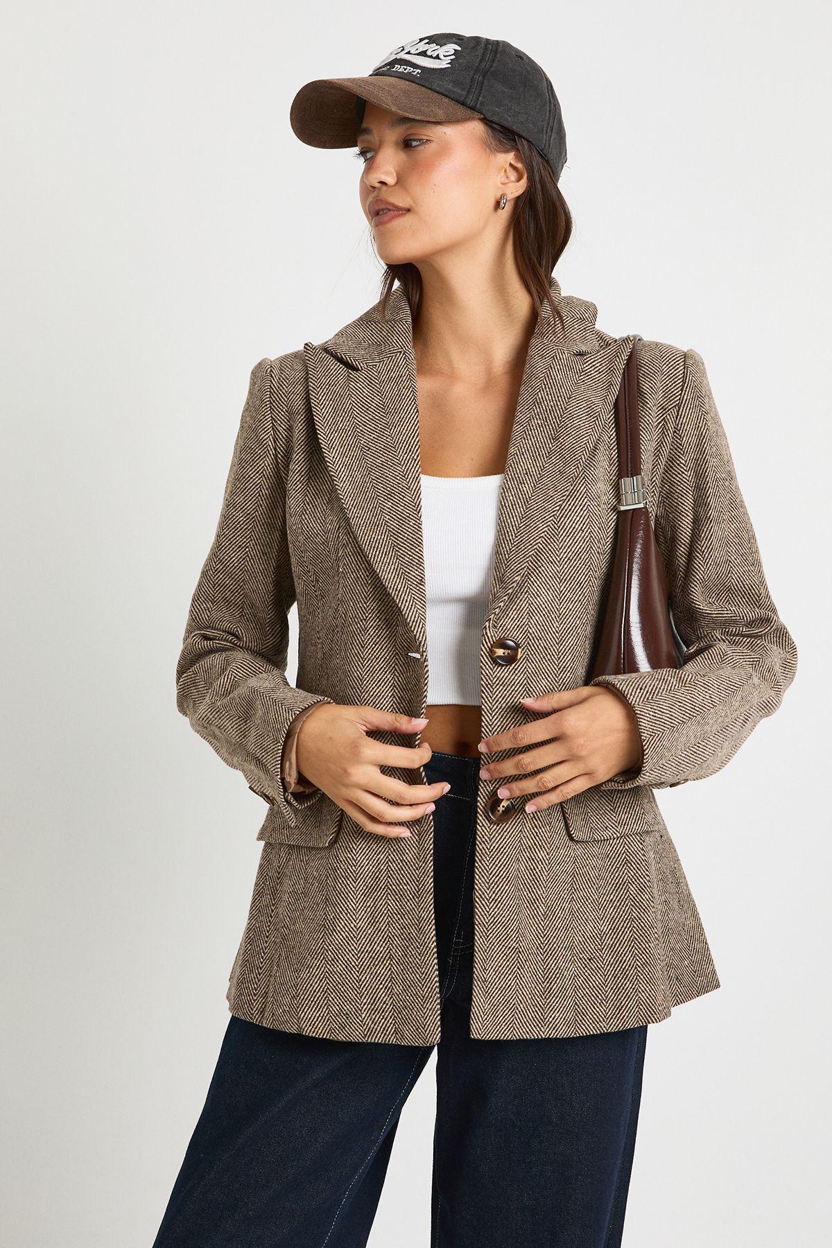 Herringbone Single Breasted Oversized Blazer by BOOHOO