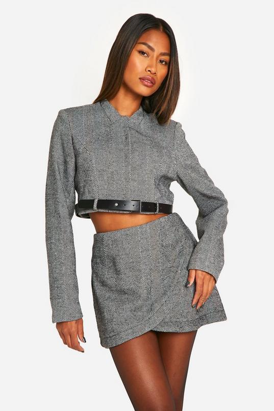 Herringbone Wrap Front Mini Skirt by BOOHOO