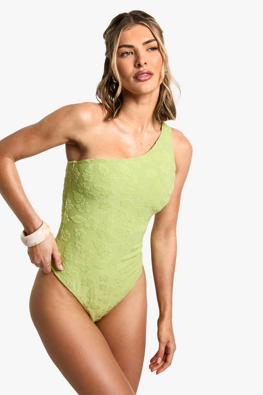 Hibiscus Flower Embossed One Shoulder Swimsuit by BOOHOO