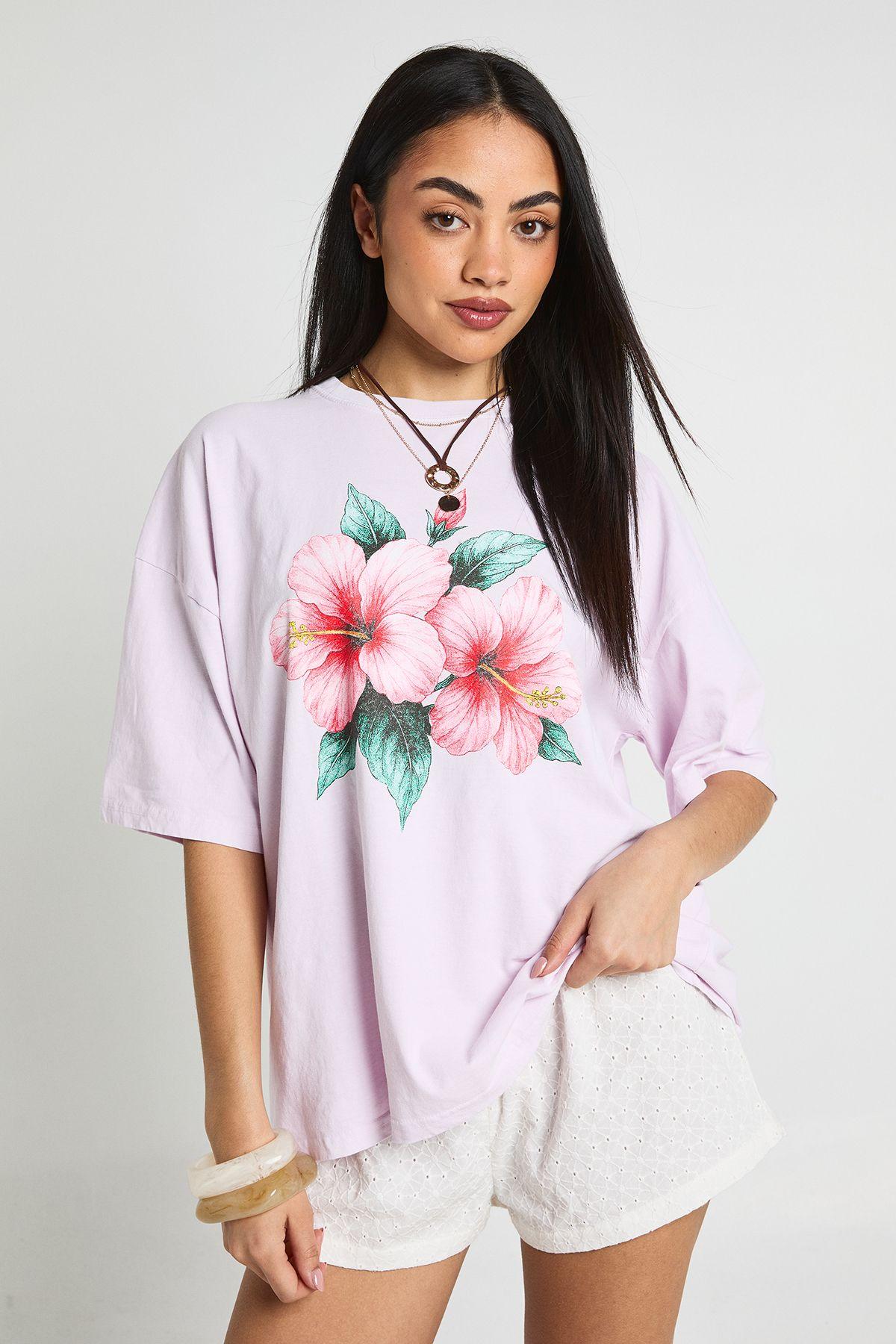 Hibiscus Print Oversized T-Shirt by BOOHOO