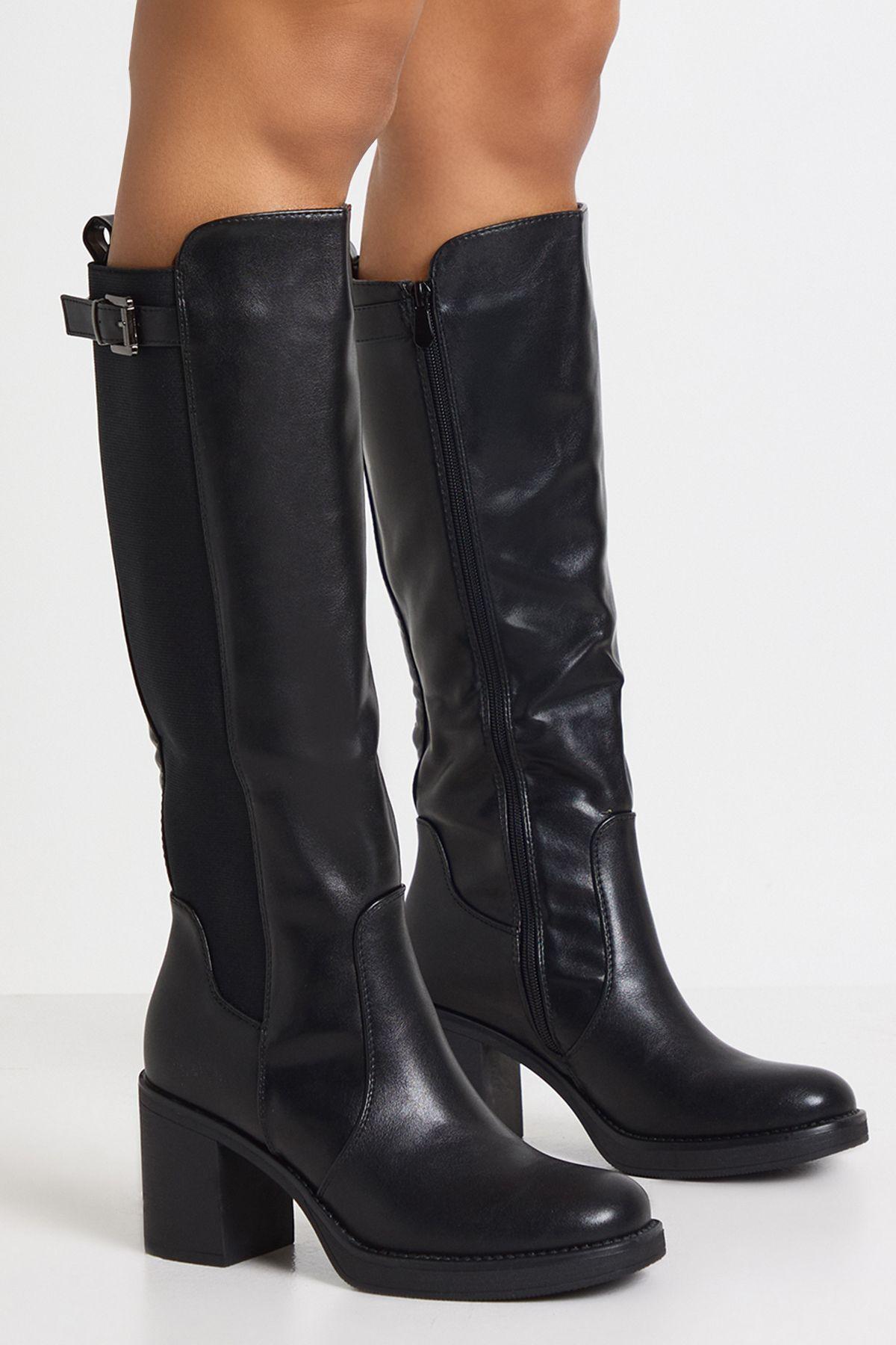 High Block Heel Buckle Detail Knee High Boots by BOOHOO