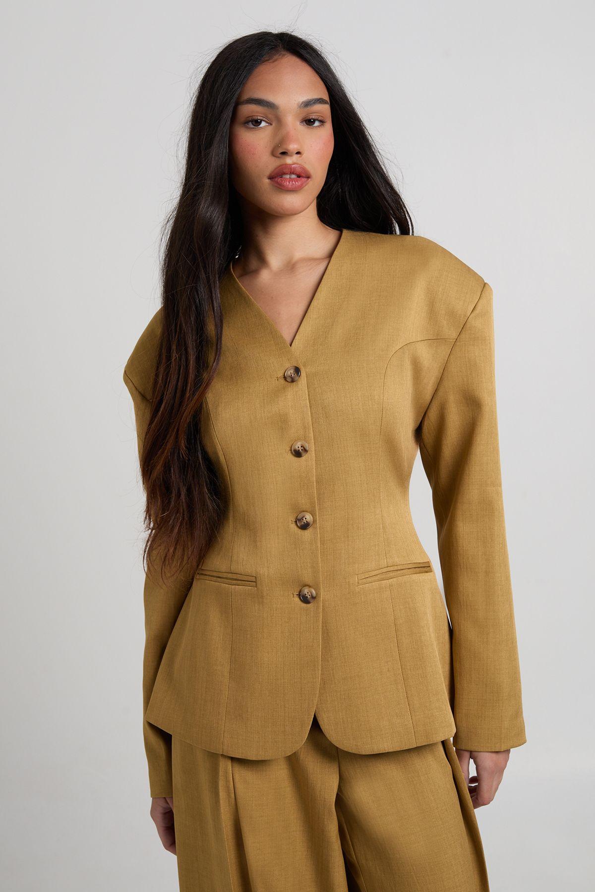 High Neck Collarless Cinched Blazer by BOOHOO