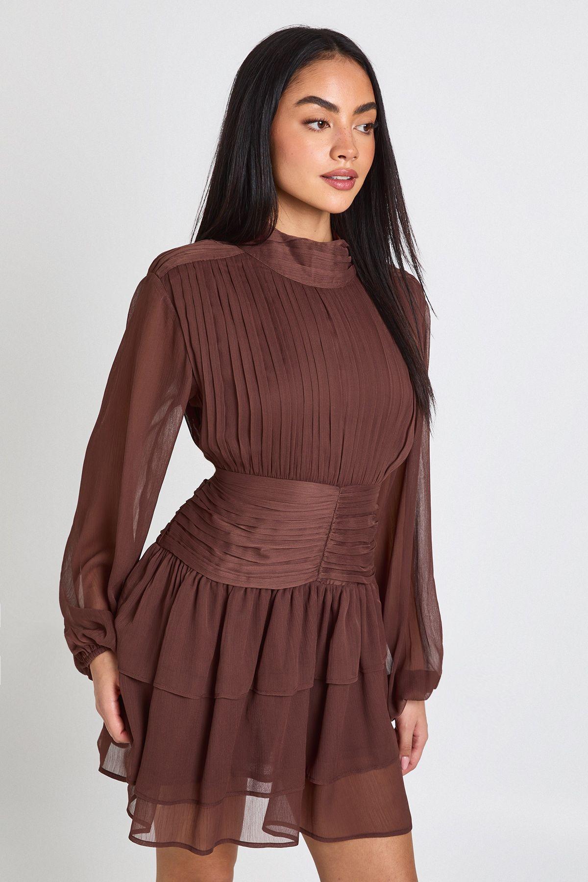 High Neck Gathered Chiffon Mini Dress by BOOHOO